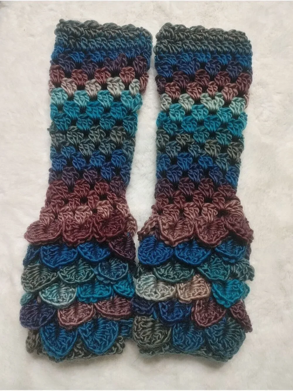 Just in! Handmade Crocheted Dragonscale Fingerless Texting Gloves in Deep Ocean